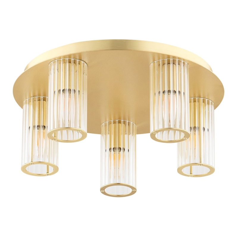 Mosiężny plafon z pięcioma kloszami z ryflowanego szkła HAMPTON.