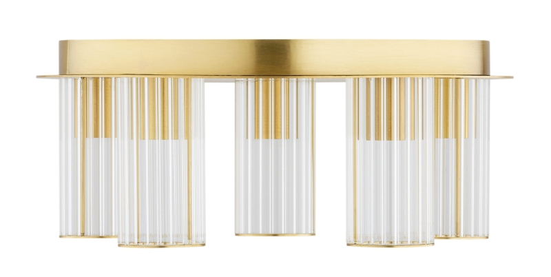 Mosiężny plafon z pięcioma kloszami z ryflowanego szkła HAMPTON.