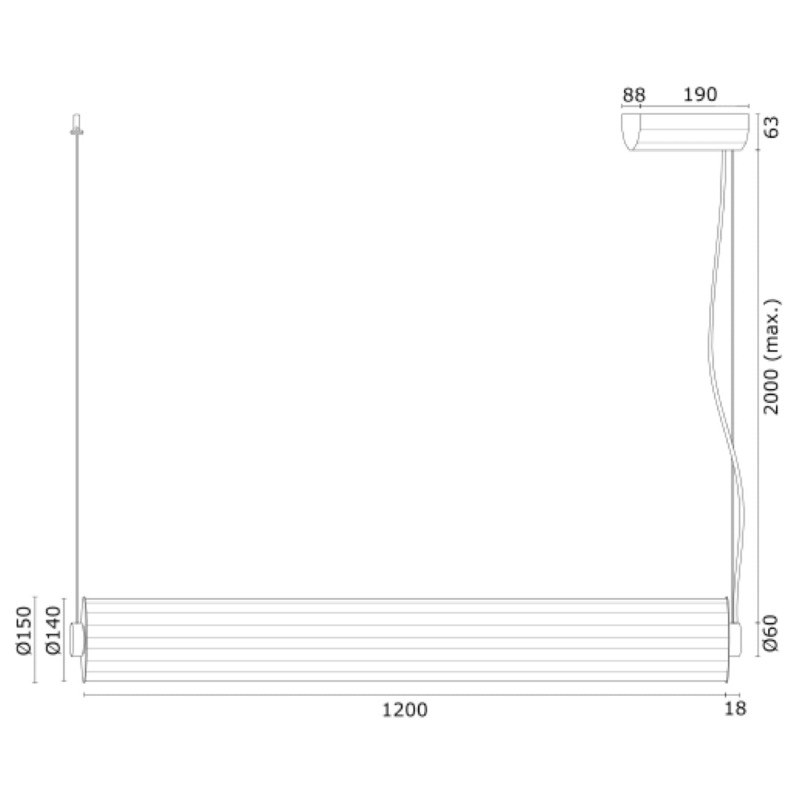 Podłużna lampa wisząca tuba mosiężna z ryflowanego szkła HAMPTON 120 cm - wymiary.