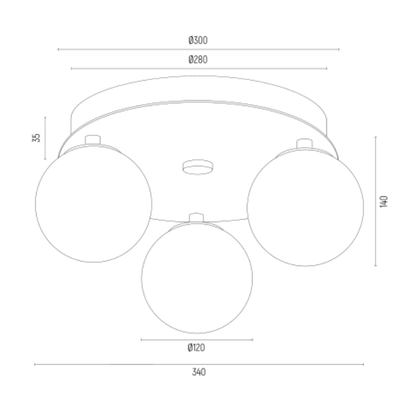 Mosiężny plafon potrójny z kulistymi kloszami z mlecznego ryflowanego szkła PALOMA 3 - wymiary.