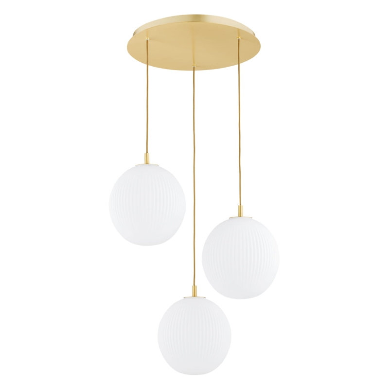 Mosiężny potrójny żyrandol kaskadowy z kulami z mlecznego szkła ryflowanego PALOMA 3.