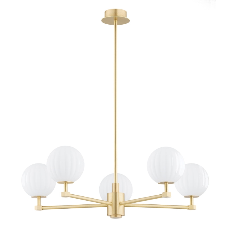 Pięcioramienny żyrandol mosiężny z kulami z mlecznego szkła ryflowanego PALOMA 5.