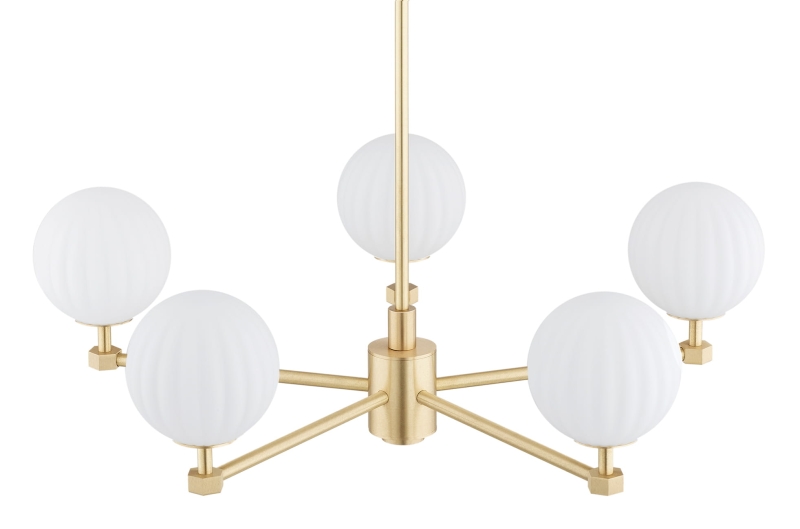 Pięcioramienny żyrandol mosiężny z kulami z mlecznego szkła ryflowanego PALOMA 5.