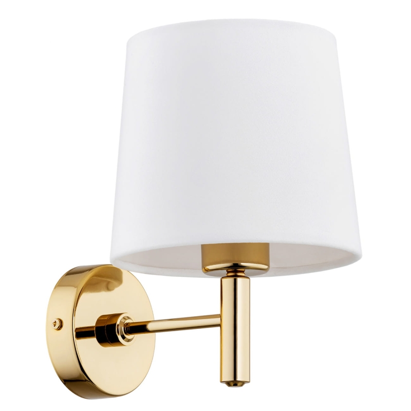 Złoty kinkiet ze stali mosiądzowanej w ciemnym odcieniu ze śmietankowym abażurem welurowym PONTE biały.