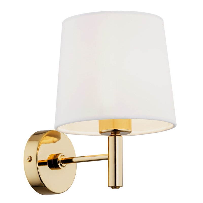 Złoty kinkiet ze stali mosiądzowanej w ciemnym odcieniu ze śmietankowym abażurem welurowym PONTE biały.