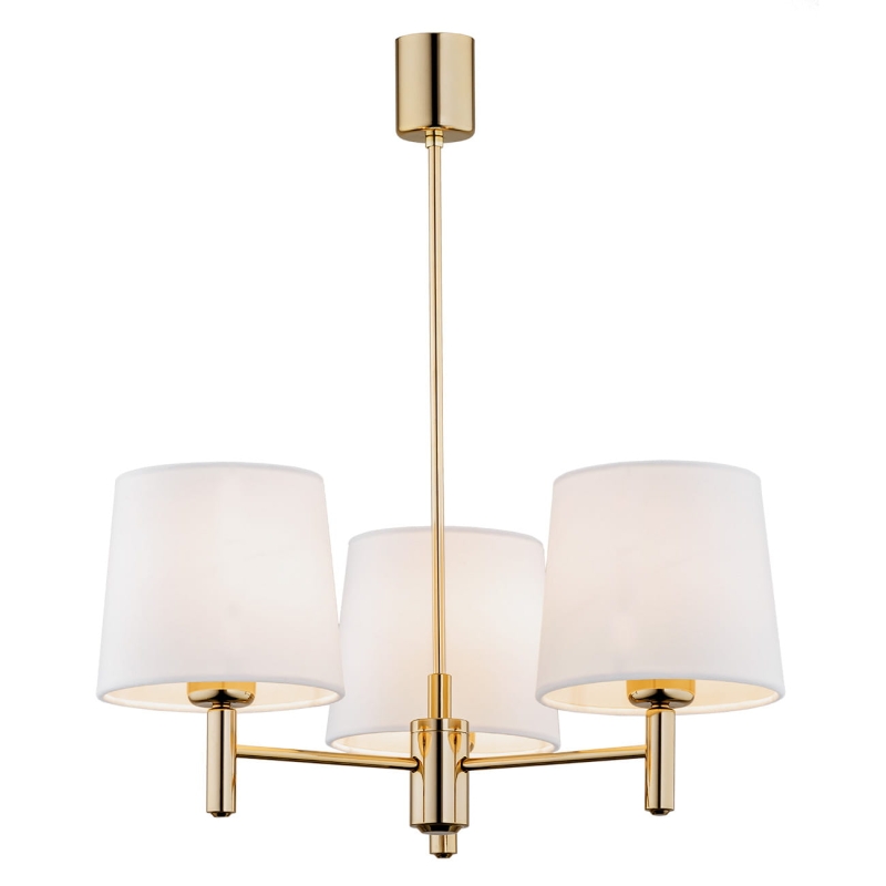 Złoty żyrandol ze stali mosiądzowanej z abażurami w odcieniu złamanej bieli PONTE PLUS 3.