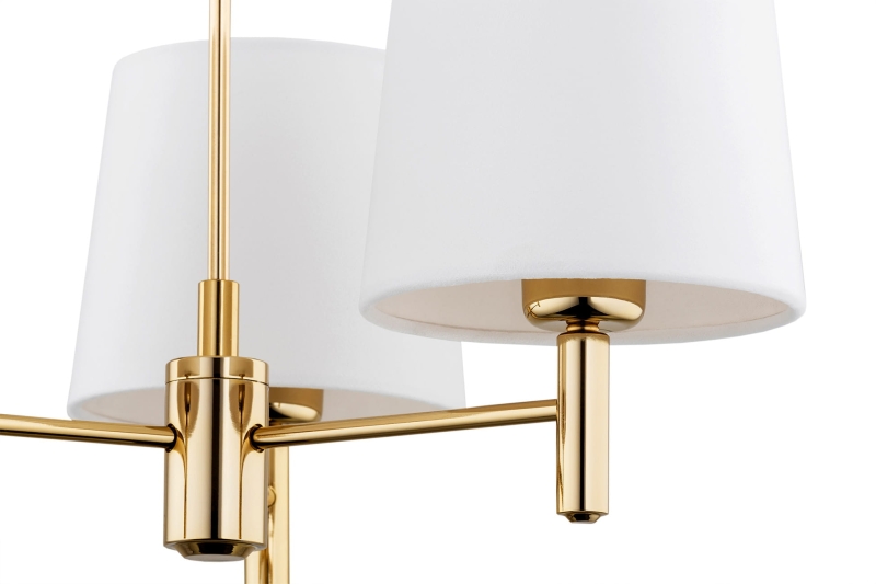 Złoty żyrandol ze stali mosiądzowanej z abażurami w odcieniu złamanej bieli PONTE PLUS 3.