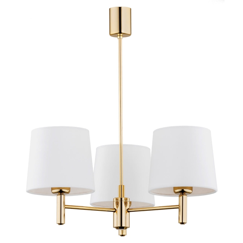 Złoty żyrandol ze stali mosiądzowanej z abażurami w odcieniu złamanej bieli PONTE PLUS 3.