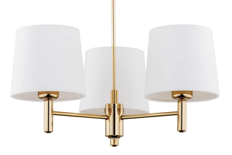 Złoty żyrandol ze stali mosiądzowanej z abażurami w odcieniu złamanej bieli PONTE PLUS 3.