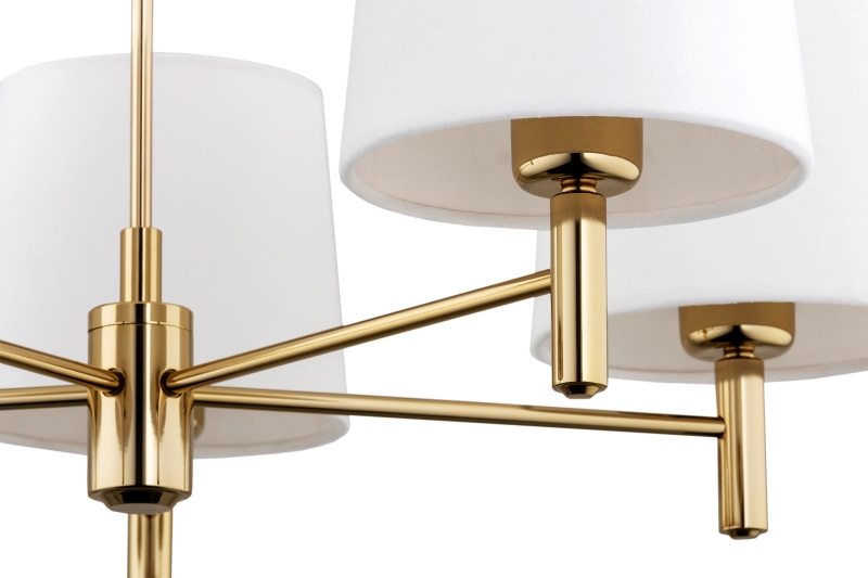 Pięcioramienny łoty żyrandol ze stali mosiądzowanej z abażurami w odcieniu złamanej bieli PONTE PLUS 5.