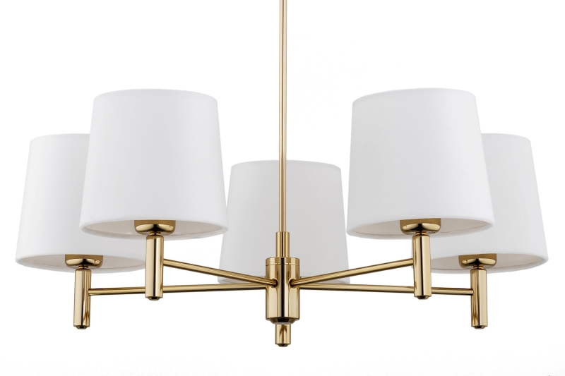 Pięcioramienny łoty żyrandol ze stali mosiądzowanej z abażurami w odcieniu złamanej bieli PONTE PLUS 5.