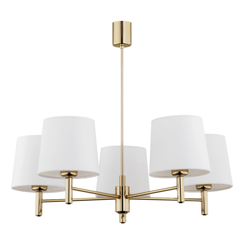 Pięcioramienny łoty żyrandol ze stali mosiądzowanej z abażurami w odcieniu złamanej bieli PONTE PLUS 5.