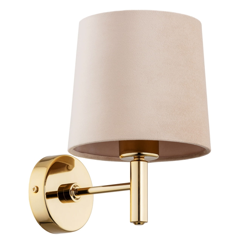 Złoty kinkiet ze stali mosiądzowanej w ciemnym odcieniu z beżowym abażurem welurowym PONTE beż.