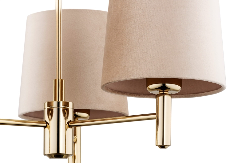 Złoty żyrandol ze stali mosiądzowanej z beżowymi abażurami w odcieniu PONTE PLUS 3.