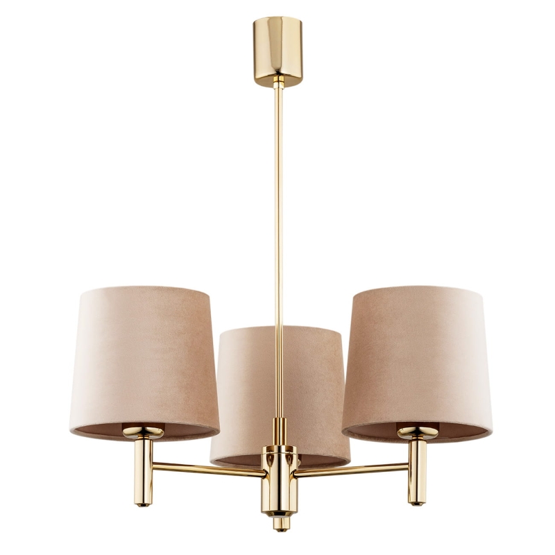 Złoty żyrandol ze stali mosiądzowanej z beżowymi abażurami w odcieniu PONTE PLUS 3.