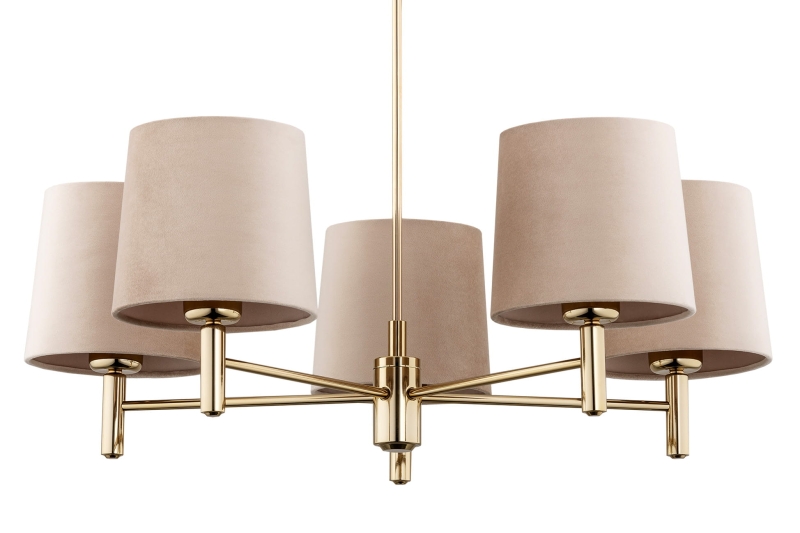 Pięcioramienny łoty żyrandol ze stali mosiądzowanej z beżowymi abażurami PONTE PLUS 5.