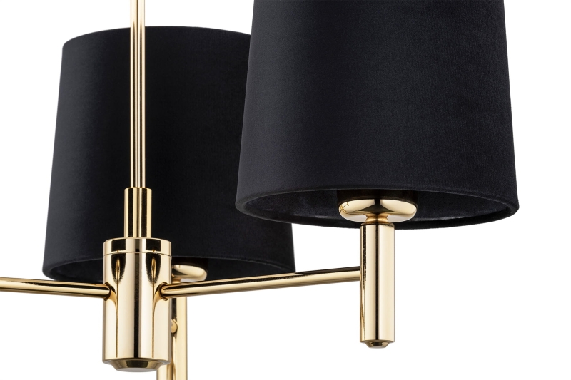 Złoty żyrandol ze stali mosiądzowanej z czarnymi abażurami w odcieniu PONTE PLUS 3.