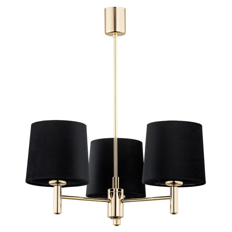 Złoty żyrandol ze stali mosiądzowanej z czarnymi abażurami w odcieniu PONTE PLUS 3.