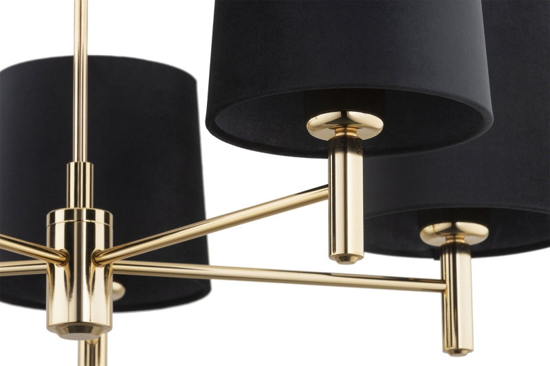 Pięcioramienny złoty żyrandol ze stali mosiądzowanej z czarnymi abażurami PONTE PLUS 5.