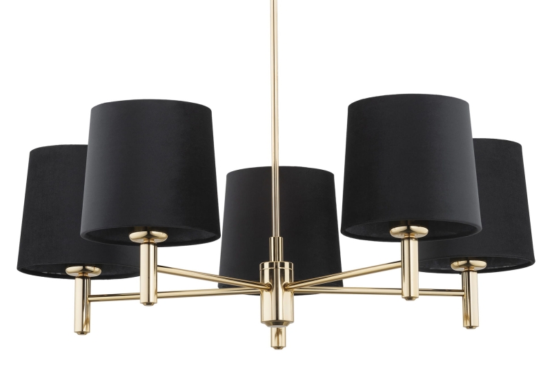 Pięcioramienny złoty żyrandol ze stali mosiądzowanej z czarnymi abażurami PONTE PLUS 5.