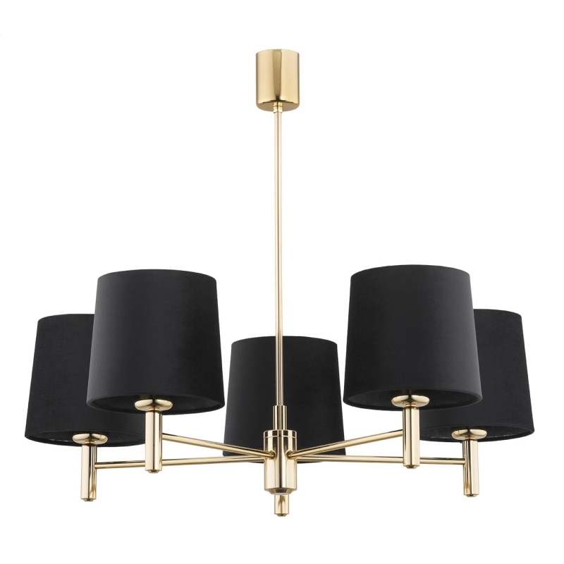 Pięcioramienny złoty żyrandol ze stali mosiądzowanej z czarnymi abażurami PONTE PLUS 5.