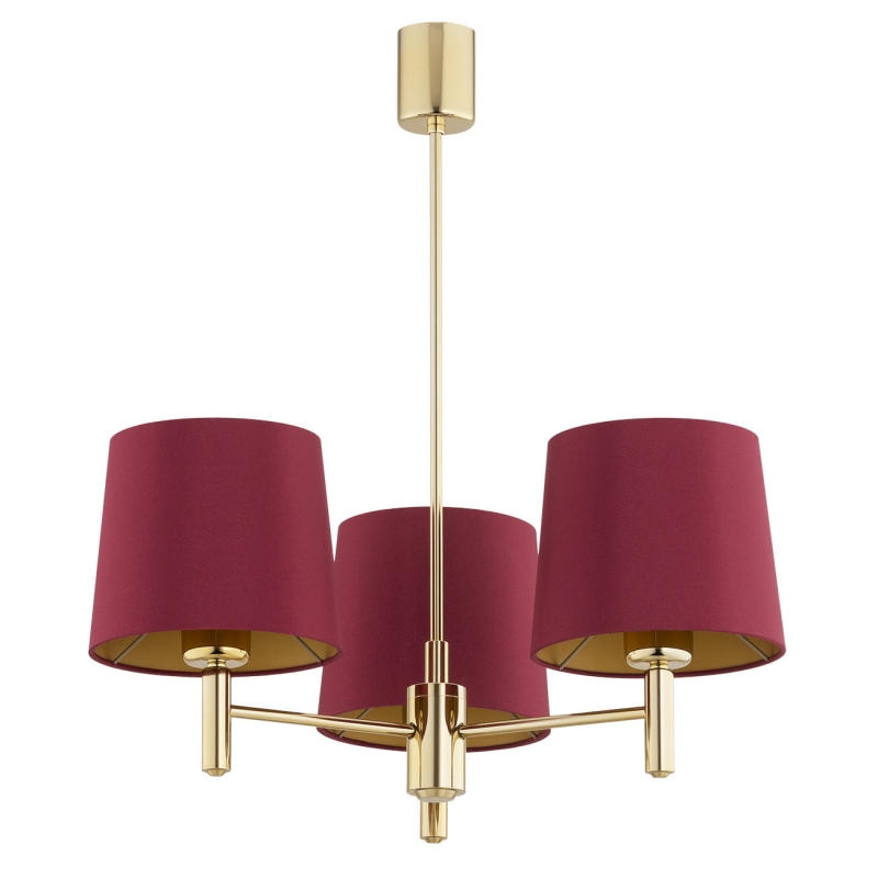 Złoty żyrandol ze stali mosiądzowanej z czerwonymi abażurami w odcieniu PONTE PLUS 3.
