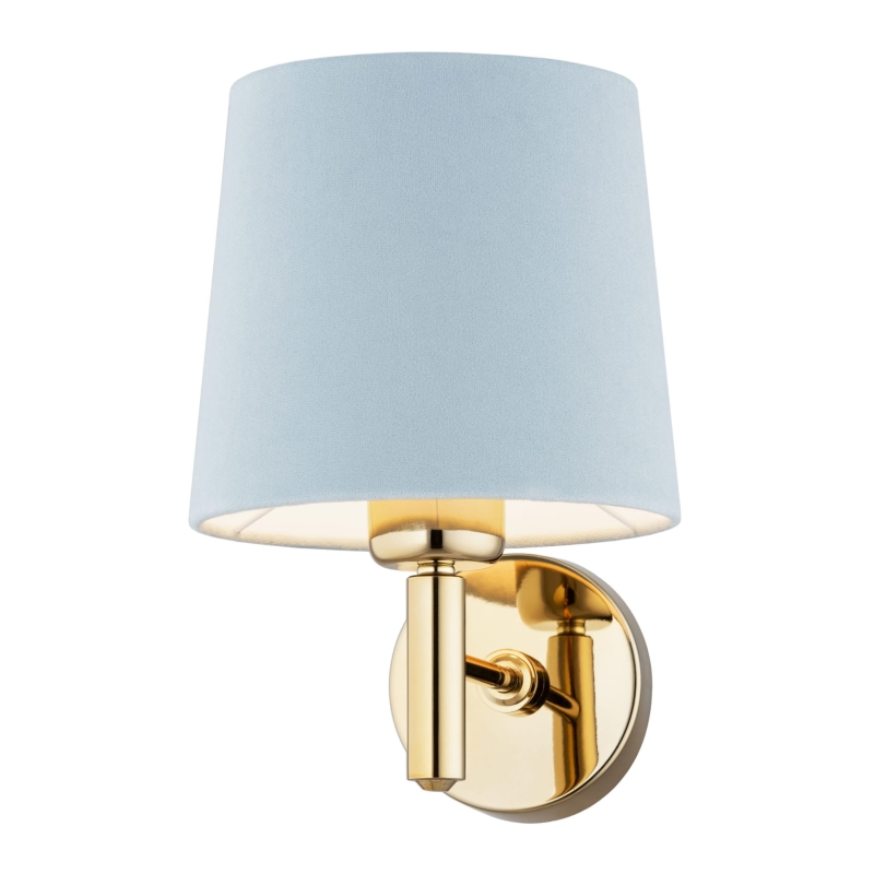 Złoty kinkiet ze stali mosiądzowanej w ciemnym odcieniu z błękitnym abażurem welurowym PONTE błękit.