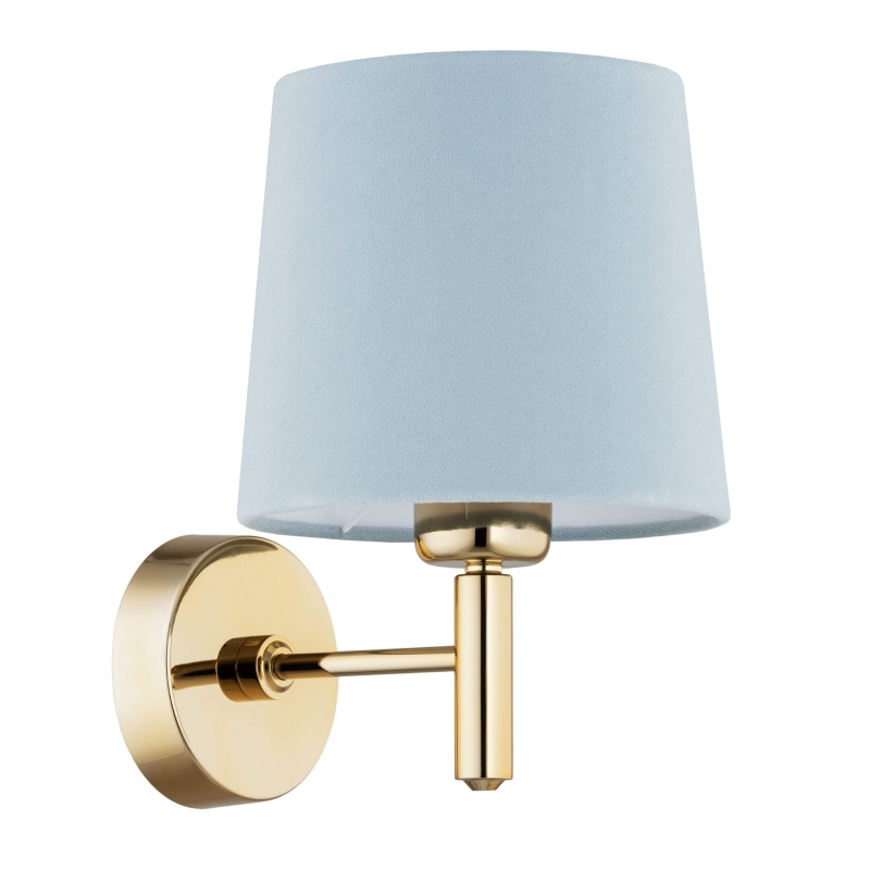 Złoty kinkiet ze stali mosiądzowanej w ciemnym odcieniu z błękitnym abażurem welurowym PONTE błękit.