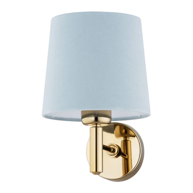 Złoty kinkiet ze stali mosiądzowanej w ciemnym odcieniu z błękitnym abażurem welurowym PONTE błękit.