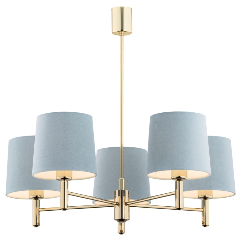 Pięcioramienny łoty żyrandol ze stali mosiądzowanej z błękitnymi abażurami PONTE 5.