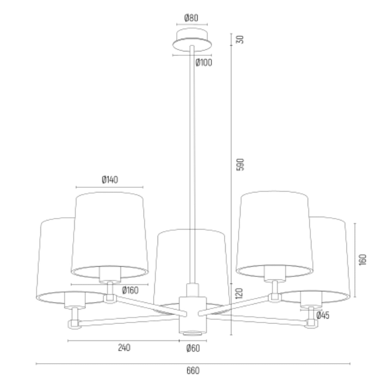 Mosiężny szczotkowany żyrandol pięcioramienny z satynowymi beżowymi abażurami PRINCETON 5 - wymiary.