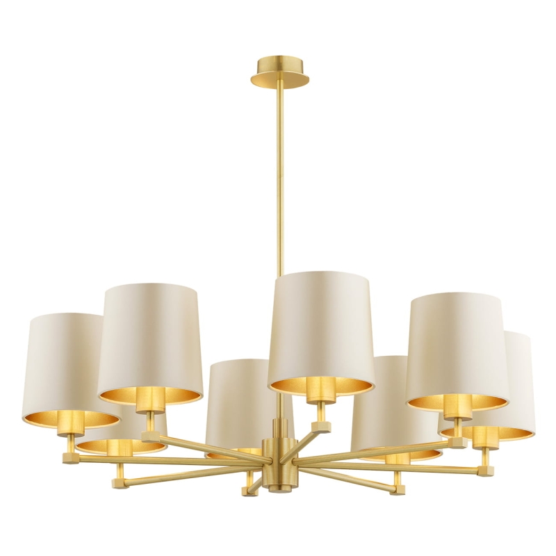 Mosiężny szczotkowany żyrandol ośmioramienny z satynowymi beżowymi abażurami PRINCETON 8.