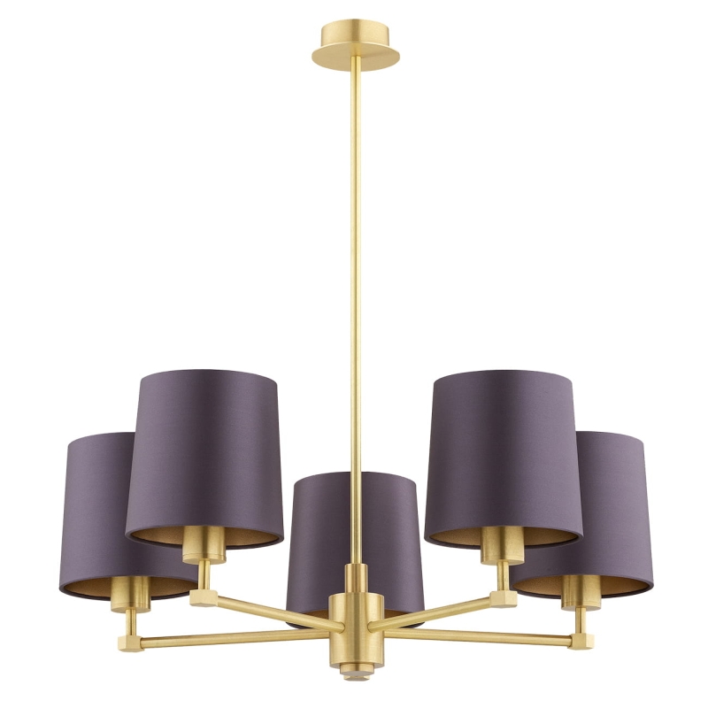 Mosiężny szczotkowany żyrandol pięcioramienny z satynowymi śliwkowymi abażurami PRINCETON 5.