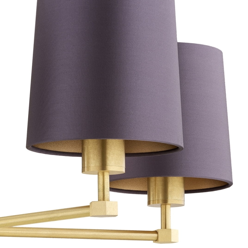 Mosiężny szczotkowany żyrandol pięcioramienny z satynowymi śliwkowymi abażurami PRINCETON 5 - abażury.