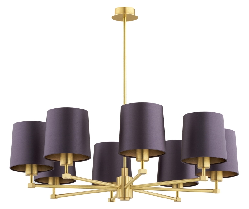Mosiężny szczotkowany żyrandol ośmioramienny z satynowymi śliwkowymi abażurami PRINCETON 8.