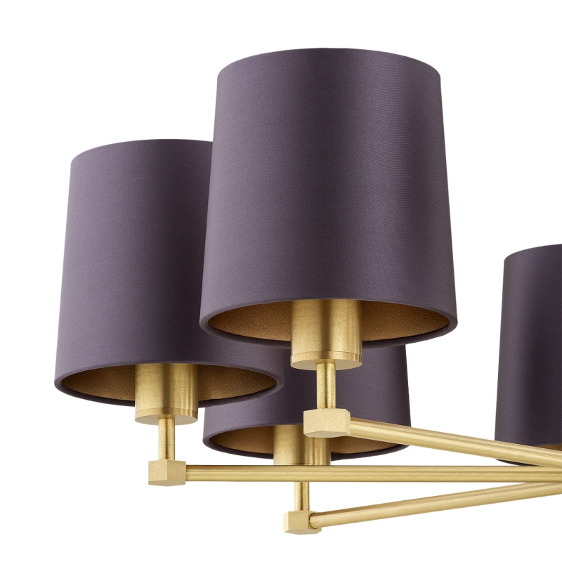 Mosiężny szczotkowany żyrandol ośmioramienny z satynowymi śliwkowymi abażurami PRINCETON 8 - abażury.