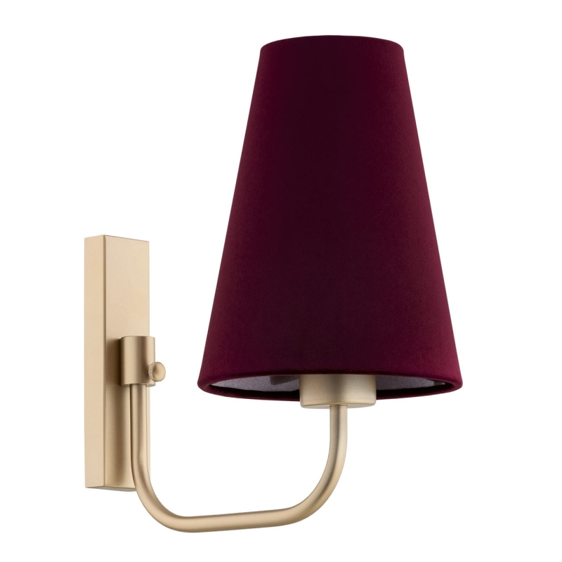 Złoty kinkiet w klasycznym stylu z bordowym abażurem stożkowym SAFIANO.