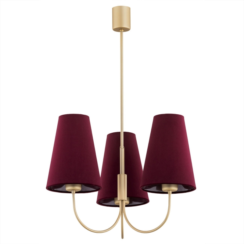 Złoty potrójny żyrandol gięty z bordowymi abażurami stożkowymi SAFIANO.
