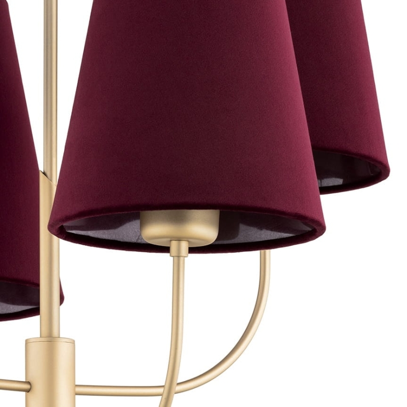 Złoty poczwórny żyrandol gięty z bordowymi abażurami stożkowymi SAFIANO.