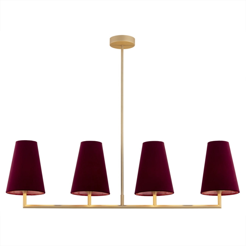 Złoty podłużny żyrandol z bordowymi abażurami stożkowymi SAFIANO.