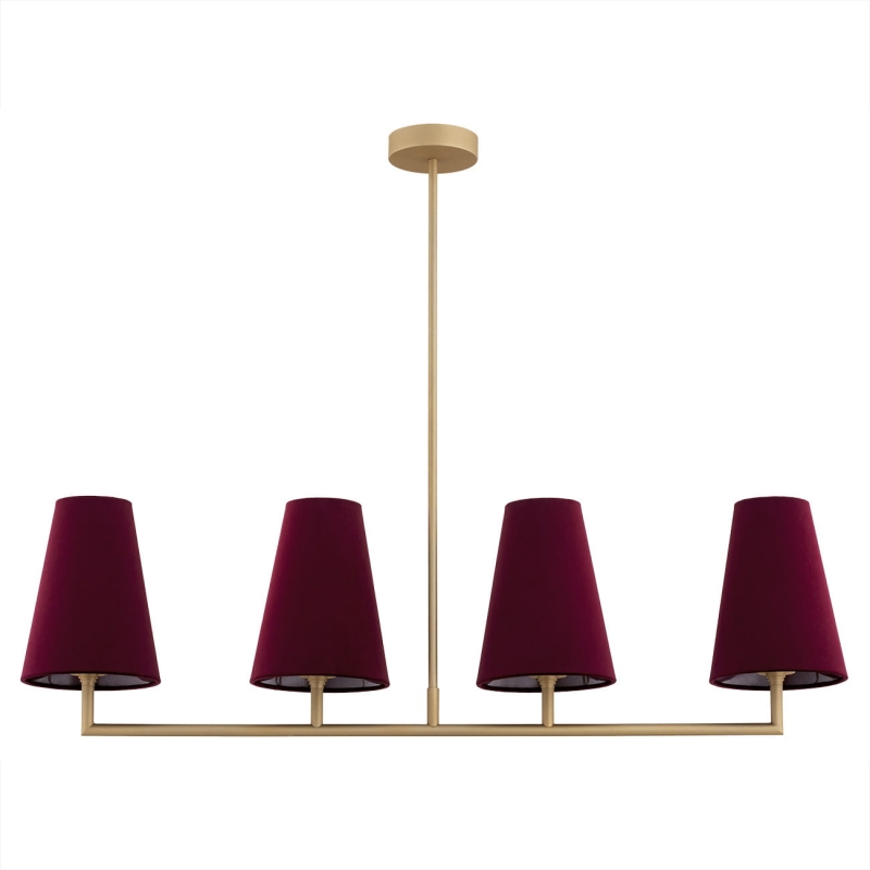 Złoty podłużny żyrandol z bordowymi abażurami stożkowymi SAFIANO.