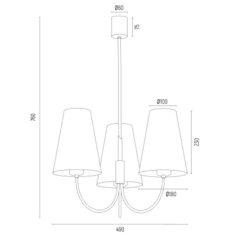 Złoty potrójny żyrandol gięty z białymi abażurami stożkowymi SAFIANO - rysunek.