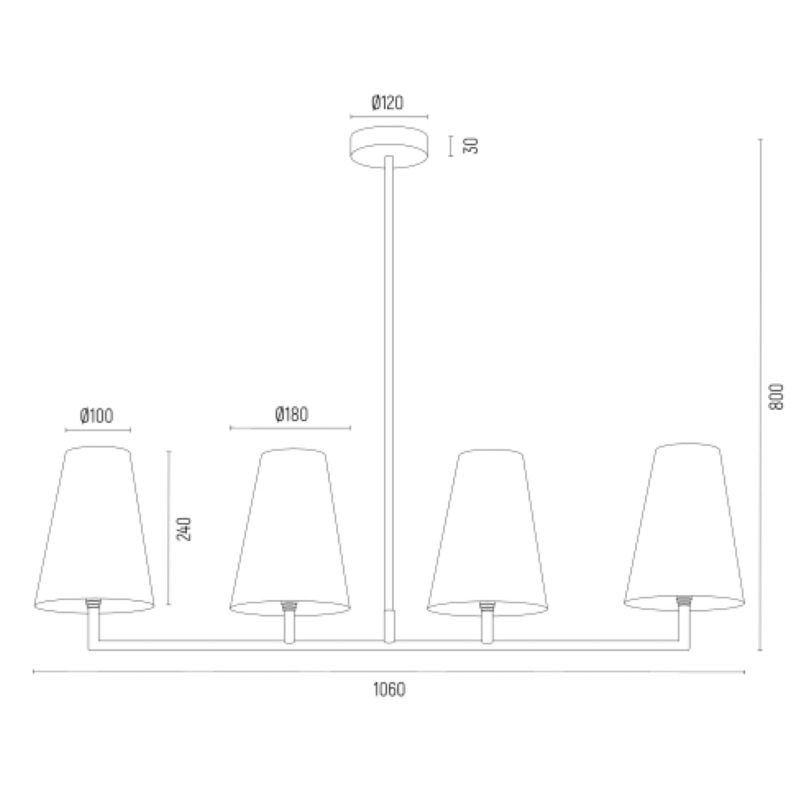 Złoty podłużny żyrandol z białymi abażurami stożkowymi SAFIANO - rysunek.