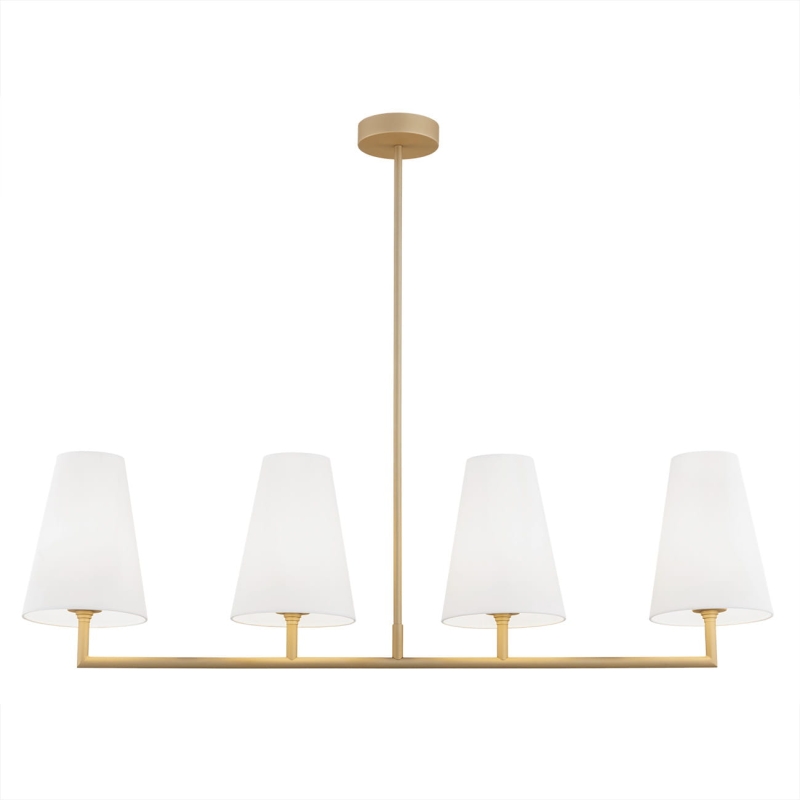 Złoty podłużny żyrandol z białymi abażurami stożkowymi SAFIANO.