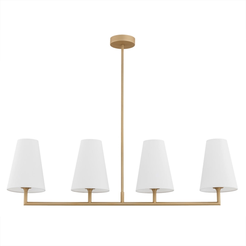 Złoty podłużny żyrandol z białymi abażurami stożkowymi SAFIANO.