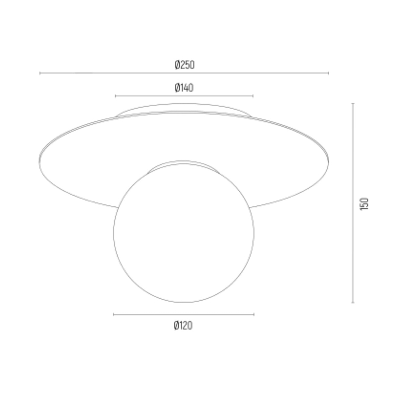 Złota lampa sufitowa/kinkiet talerz z kulą z mlecznego szkła SPELLO - wymiary.