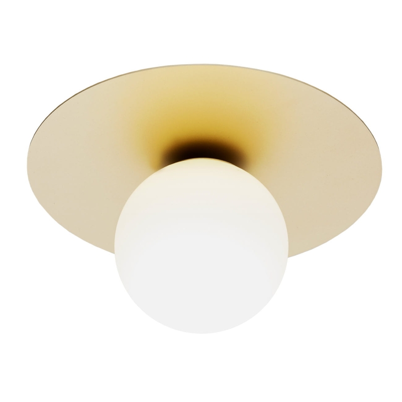 Złota lampa sufitowa talerz z kulą z mlecznego szkła PALOMA.