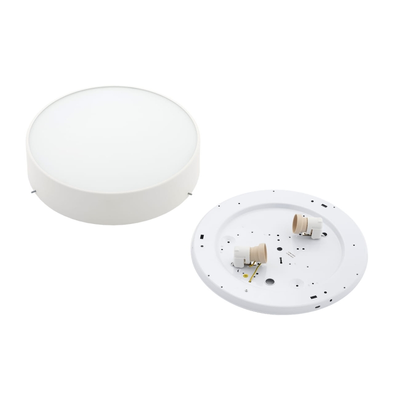 Prosty okrągły biały plafon metalowy z mlecznym szkłem DARLING 35 cm - oprawa i klosz.