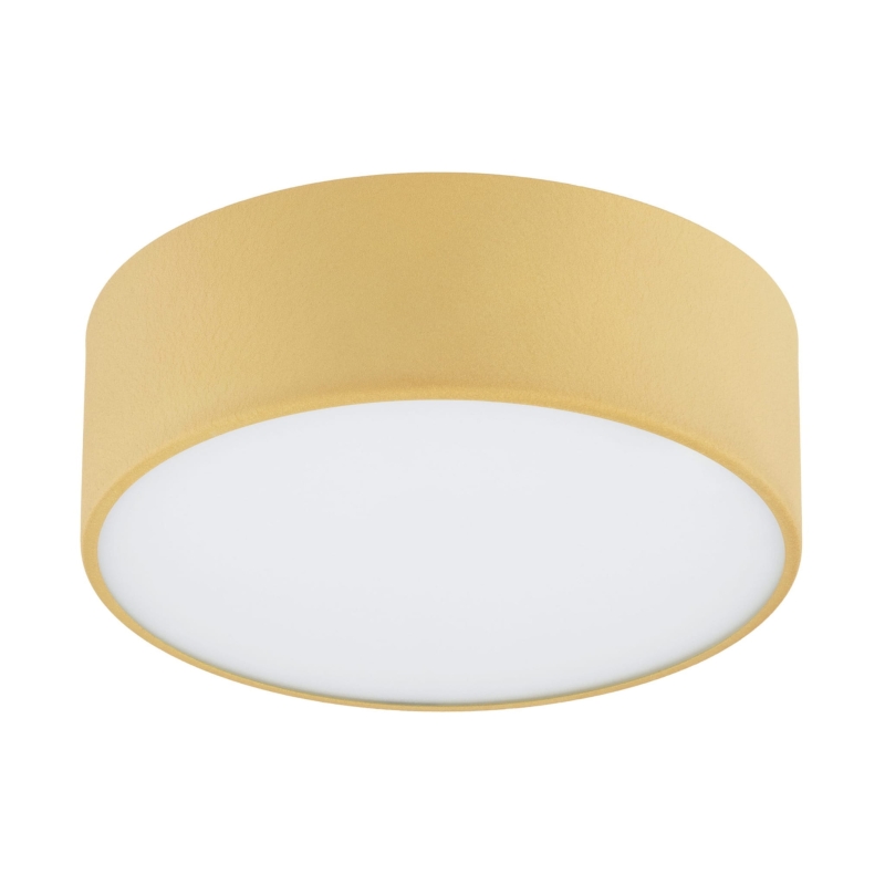 Mały złoty plafon okrągły z metalu o średnicy 25 cm w formie lampy sufitowej.