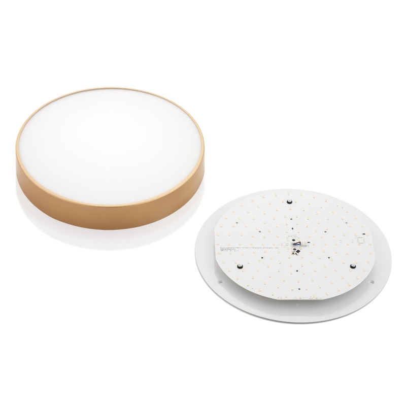 Okrągły złoty plafon sufitowy LED o średnicy 34 cm TIAMO - oprawa i klosz.